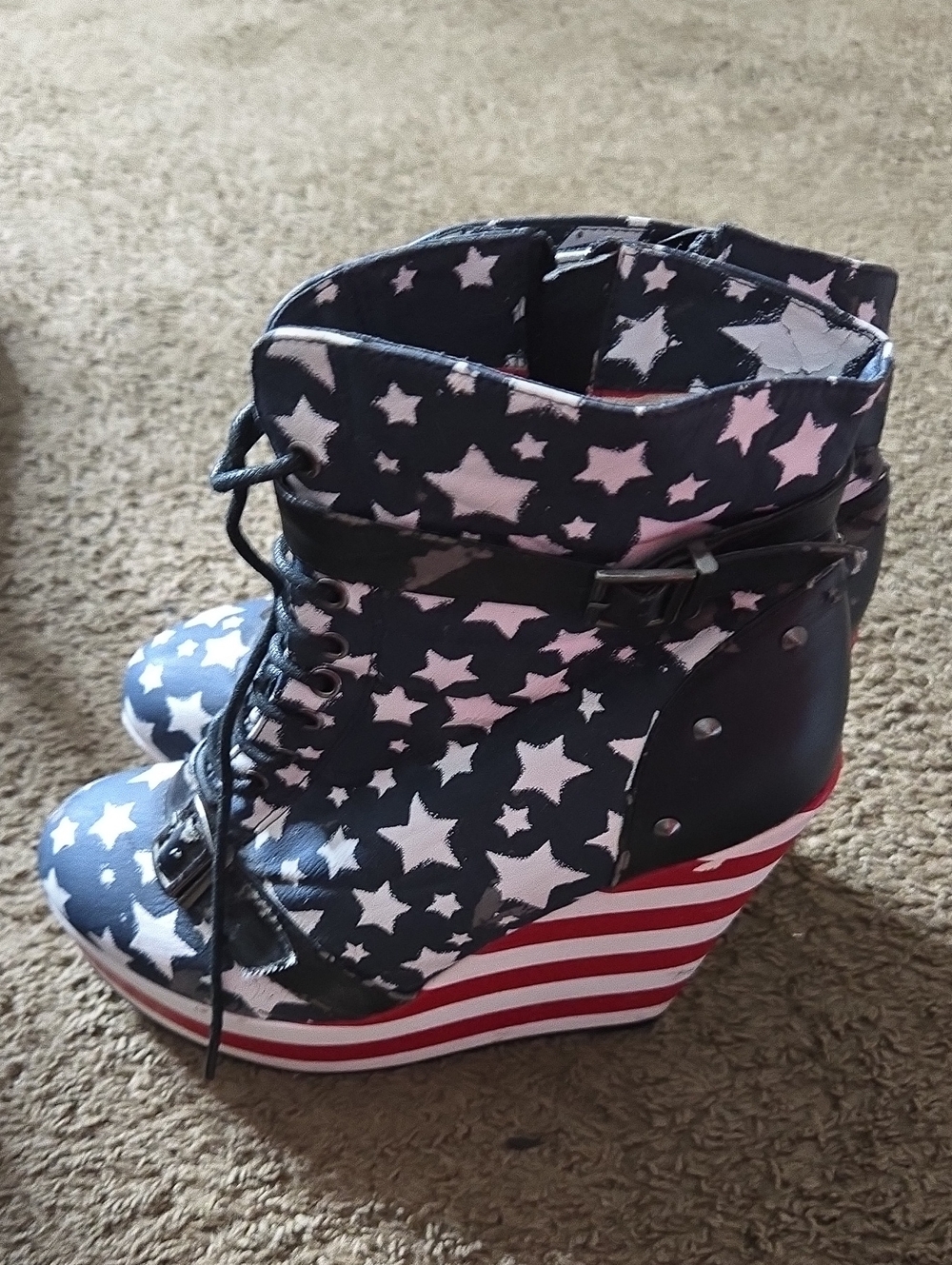 Star Print Wedge Ankle Boots in Navy and Pink